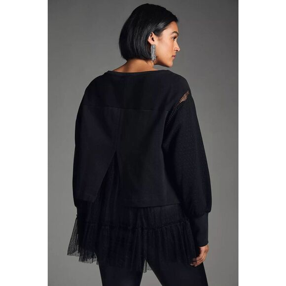 New Anthropologie Tulle Sweatshirt Black Oversized Size Small - Picture 3 of 14
